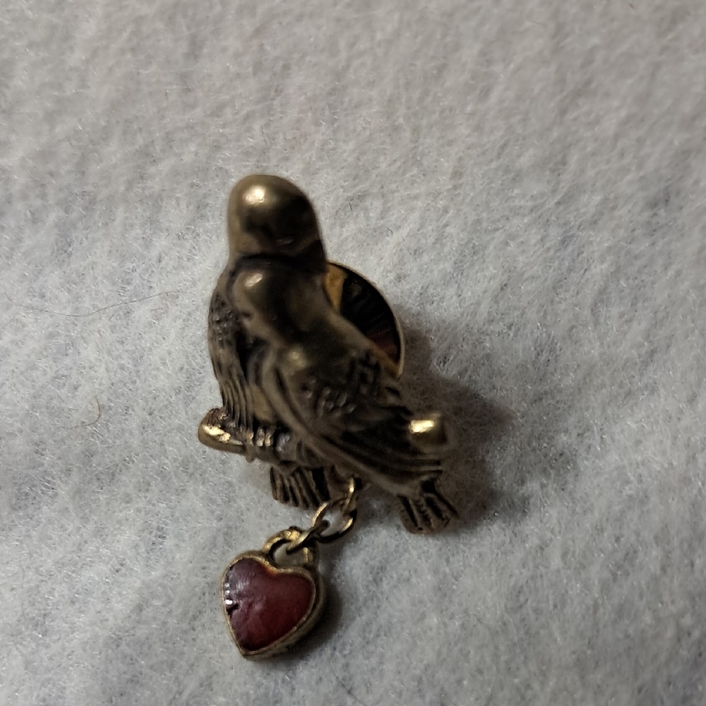 Gold Bird Pin with Red Heart Charm